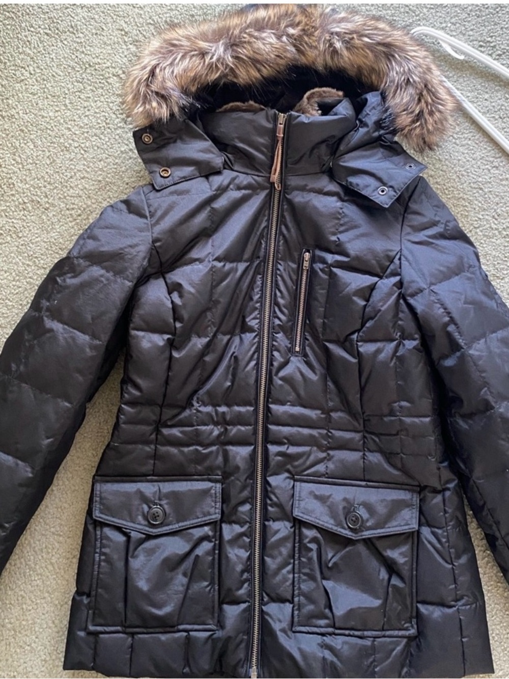 Eddie Bauer Black Quilted Puffer Coat with Faux Fur Trim Hood